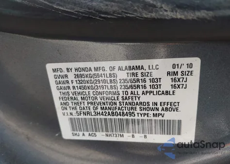 2010 Honda Odyssey Ex из США, поврежденный, VIN 5FNRL3H42AB048495